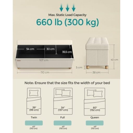 Songmics Storage Ottoman Sofa Box Bedroom Bench, Cream White Dimensions