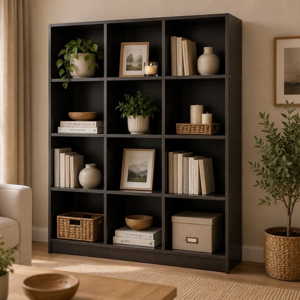 Bragg Eco Open File Cabinet Bookcase, 12 Shelves, Dark Walnut