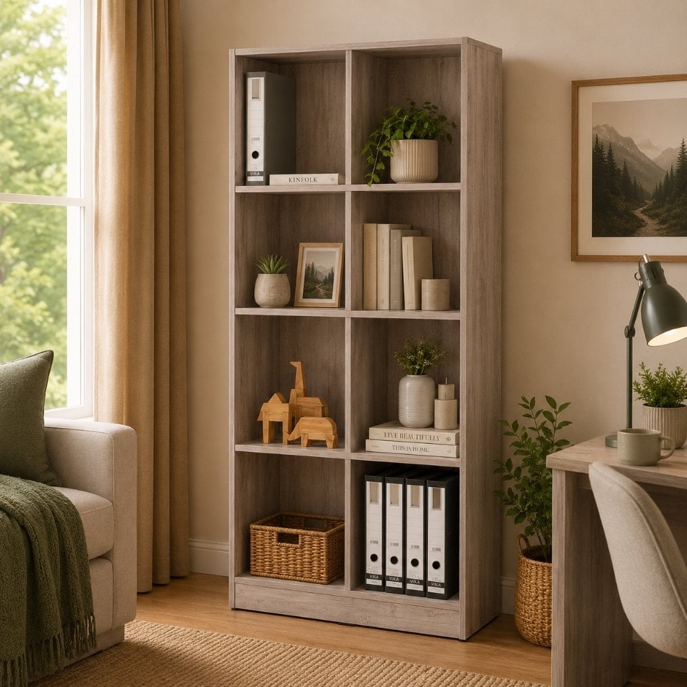 Bragg Eco Open File Cabinet Bookcase, 8 Shelves, Dark Oak