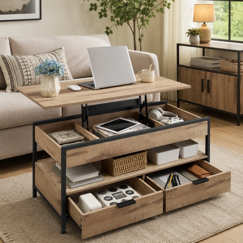 Bragg Victoria Lift Top Coffee Table with Storage Drawers, Camel Brown