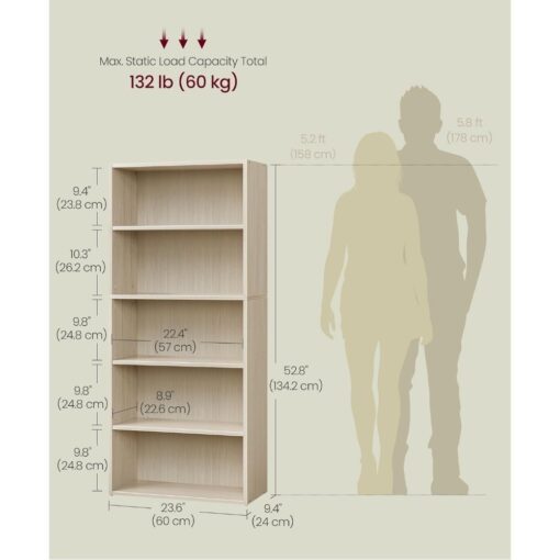 Bragg Shelby 5-Shelf Open Storage Bookcase, 130cm, Beige Dimensions