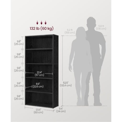 Bragg Shelby 5-Shelf Open Storage Bookcase, 130cm, Black Dimensions