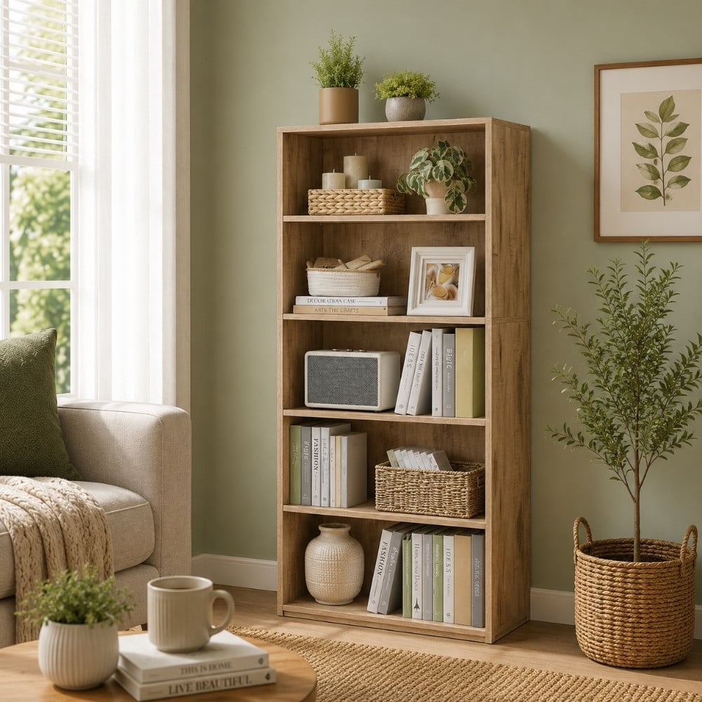 Bragg Shelby 5-Shelf Open Storage Bookcase, 130cm, Camel Brown