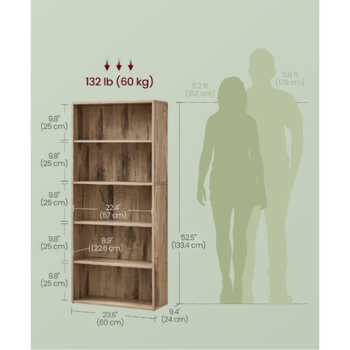 Bragg Shelby 5-Shelf Open Storage Bookcase, 130cm, Camel Brown Dimensions