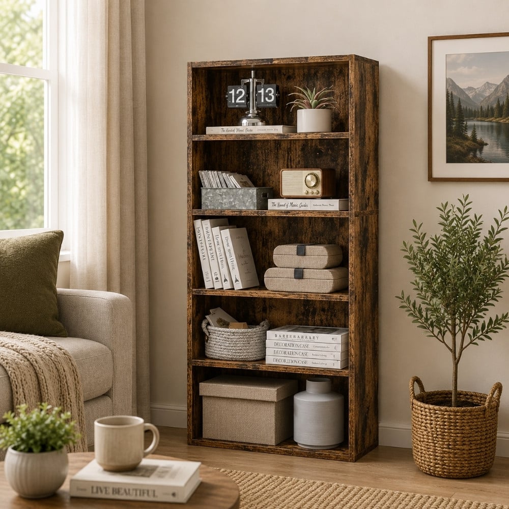 Bragg Shelby 5-Shelf Open Storage Bookcase, 130cm, Rustic Brown