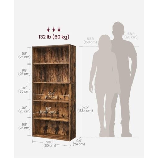 Bragg Shelby 5-Shelf Open Storage Bookcase, 130cm, Rustic Brown Dimensions
