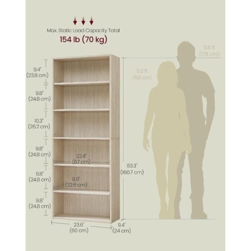 Bragg Shelby 6-Shelf Open Storage Bookcase, 160cm, Beige Dimensions