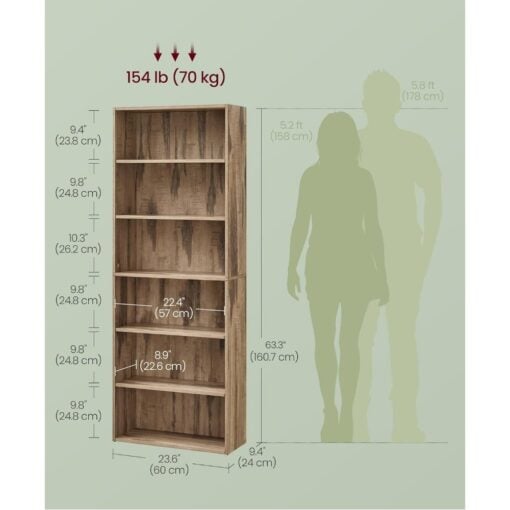 Bragg Shelby 6-Shelf Open Storage Bookcase, 160cm, Camel Brown Dimensions