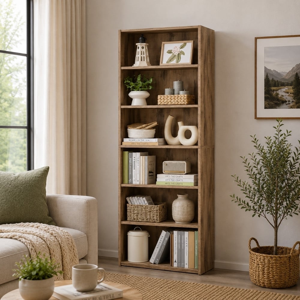 Bragg Shelby 6-Shelf Open Storage Bookcase, 160cm, Camel Brown