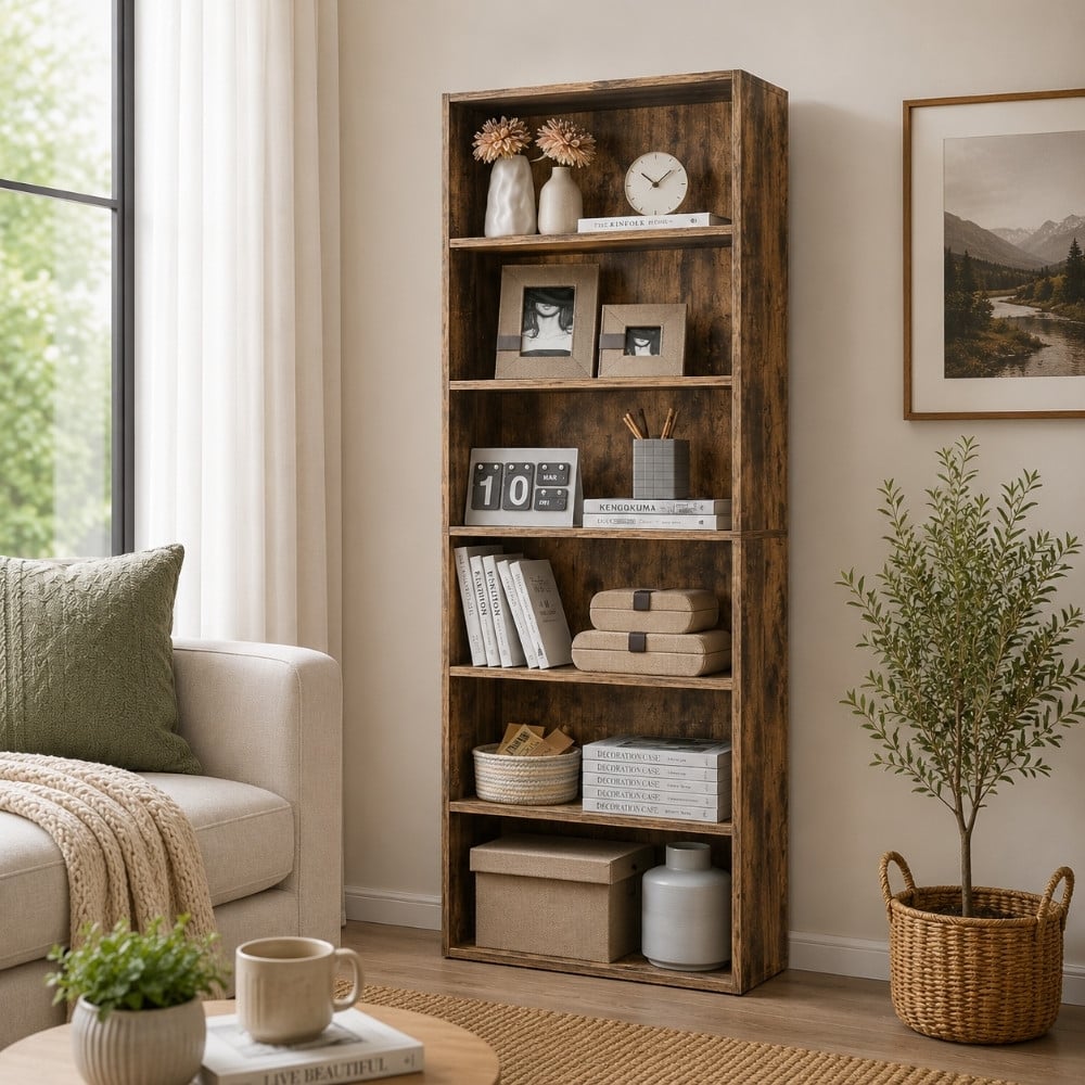 Bragg Shelby 6-Shelf Open Storage Bookcase, 160cm, Rustic Brown