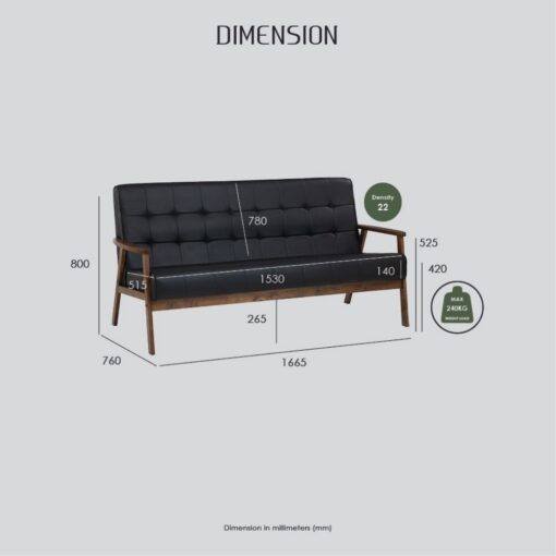 Bragg Hiace 3-Seater Couch with Wooden Frame, Espresso Cocoa Dimensions