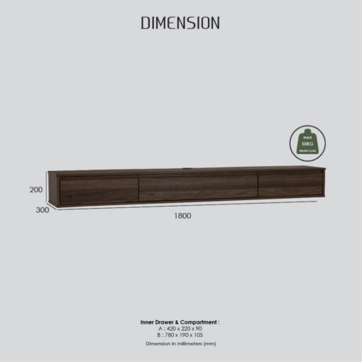 Bragg Hirado 1.8m Wall-Mounted Floating TV Stand, Walnut Brown Dimensions