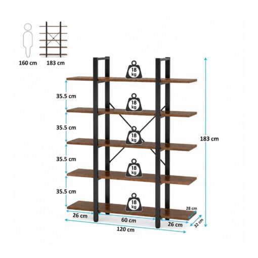 Bragg Langley 5-Tier Wide Open Storage Display Bookcase, Brown & Black