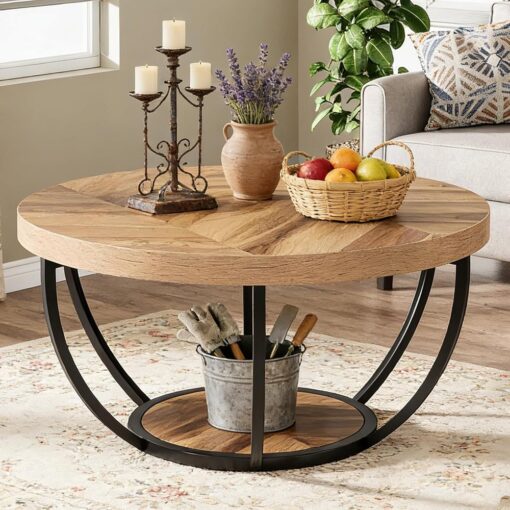 Bragg Arden Round 2-Tier Coffee Table, Light Brown & Black