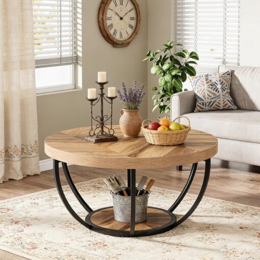 Bragg Arden Round 2-Tier Coffee Table, Light Brown & Black