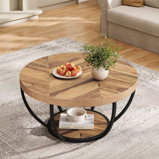 Bragg Arden Round 2-Tier Coffee Table, Light Brown & Black