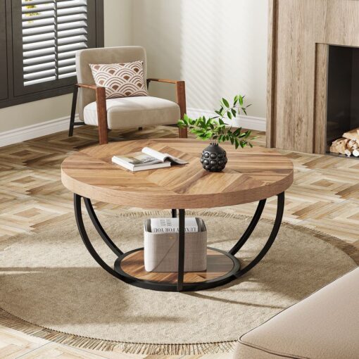 Bragg Arden Round 2-Tier Coffee Table, Light Brown & Black