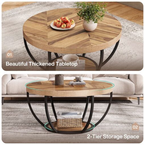 Bragg Arden Round 2-Tier Coffee Table, Light Brown & Black