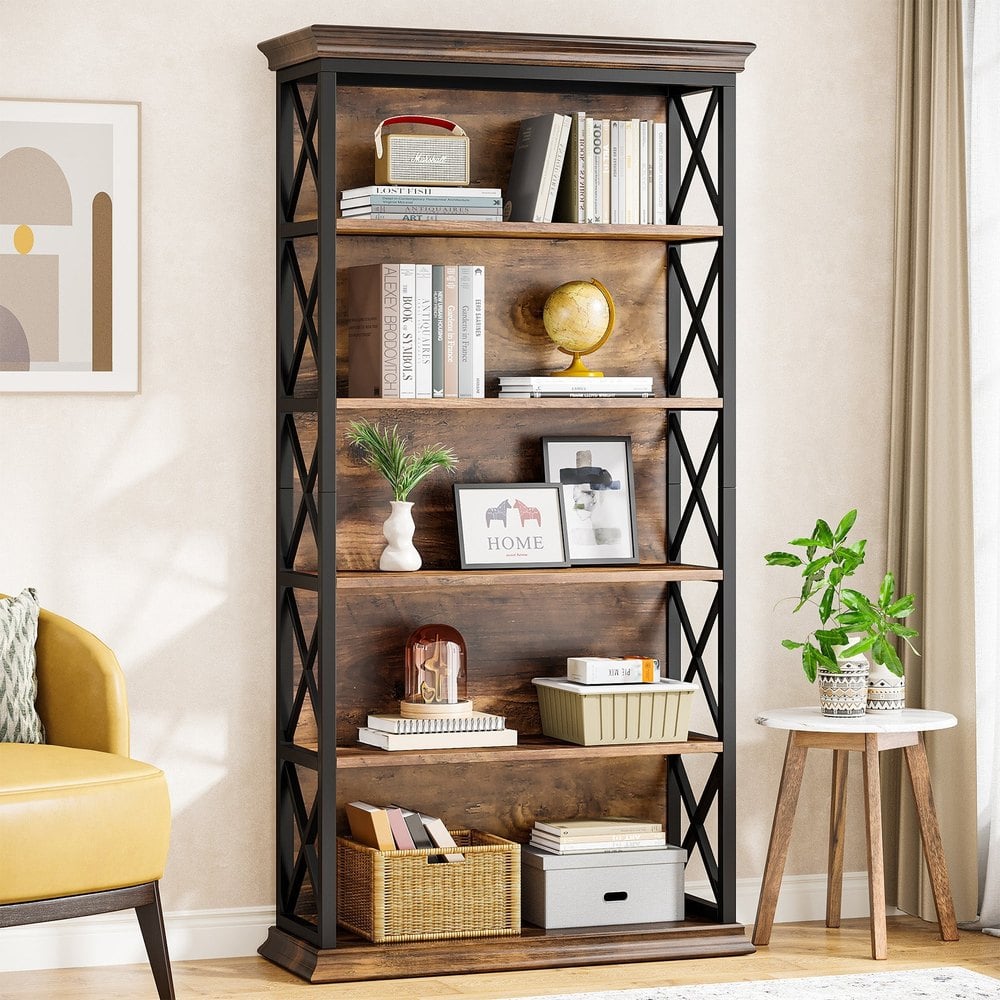 Bragg Harrow 5-Shelf Open Metal Bookcase, Brown & Black