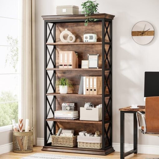 Bragg Harrow 5-Shelf Open Metal Bookcase, Brown & Black