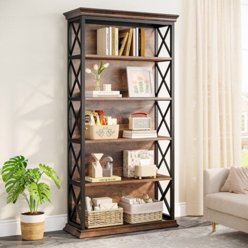 Bragg Harrow 5-Shelf Open Metal Bookcase, Brown & Black