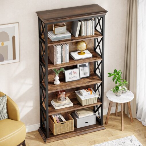 Bragg Harrow 5-Shelf Open Metal Bookcase, Brown & Black Above