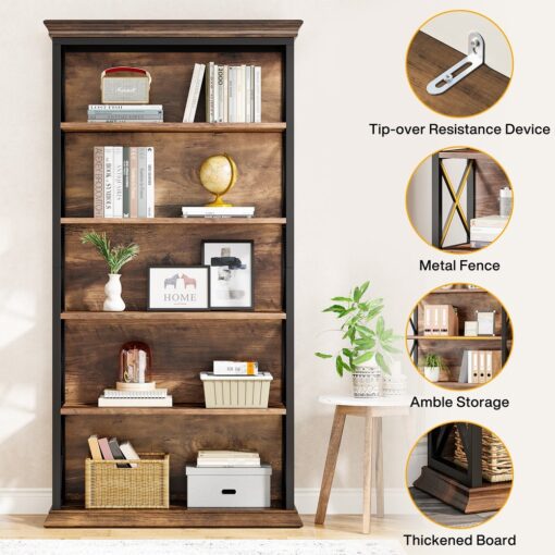 Bragg Harrow 5-Shelf Open Metal Bookcase, Brown & Black