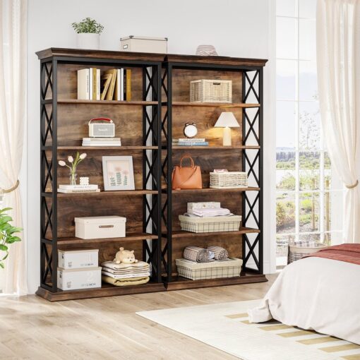 Bragg Harrow 5-Shelf Open Metal Bookcase, Brown & Black times 2 side by side