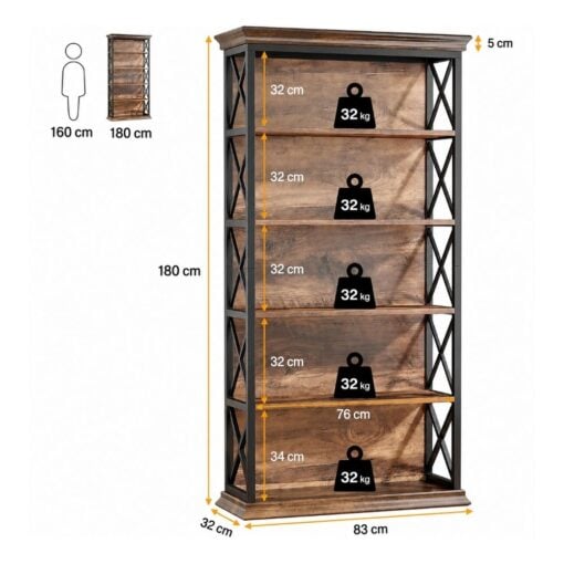 Bragg Harrow 5-Shelf Open Metal Bookcase, Brown & Black