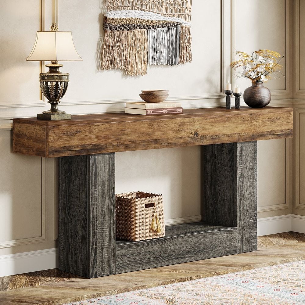 Bragg Keswick 2-Tier Farmhouse Console Table, Brown & Black