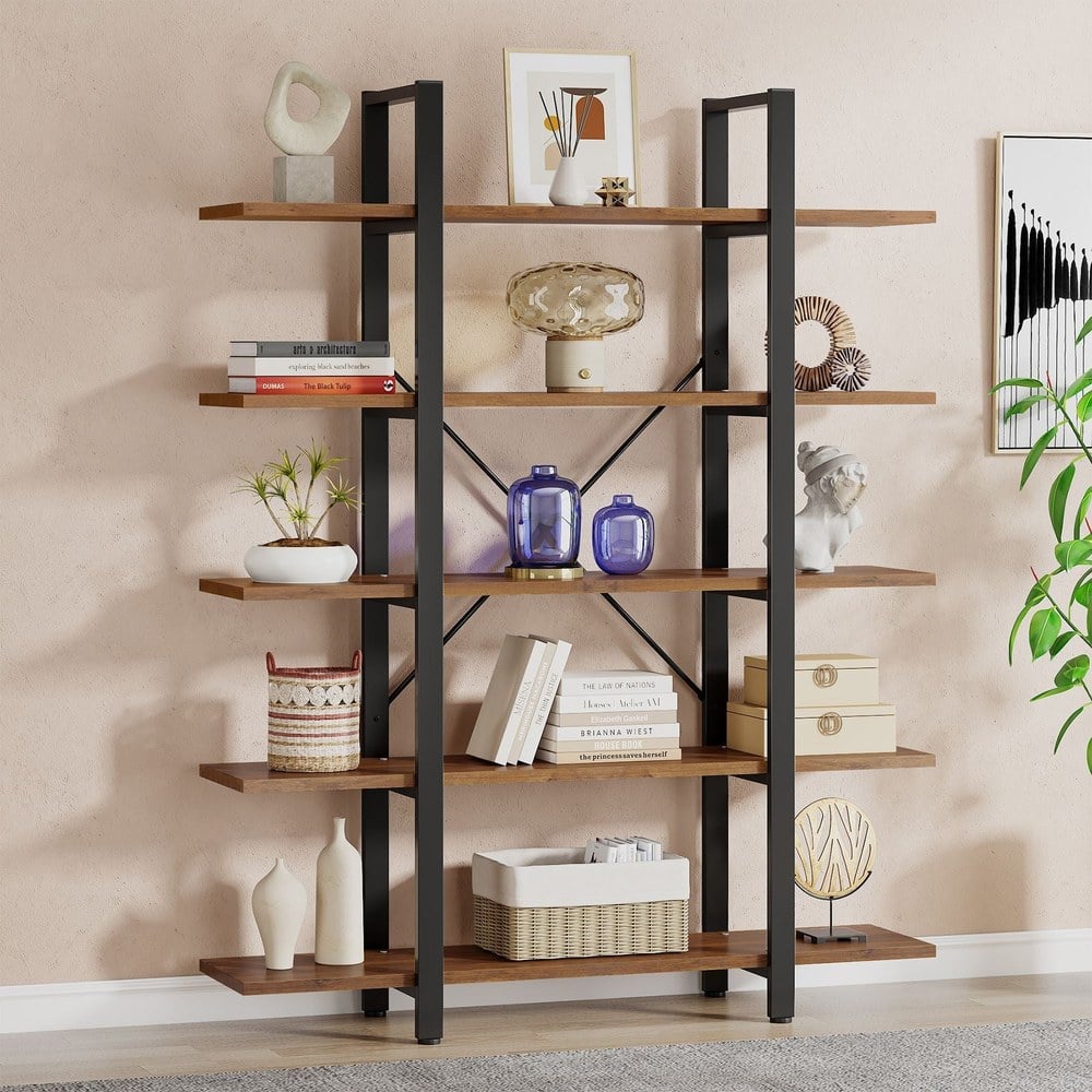 Bragg Langley 5-Tier Wide Open Storage Display Bookcase, Brown & Black