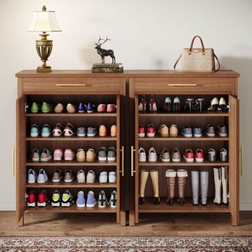 Bragg Weston 5-Tier Shoe Storage Cabinet with Drawer, Caramel Brown